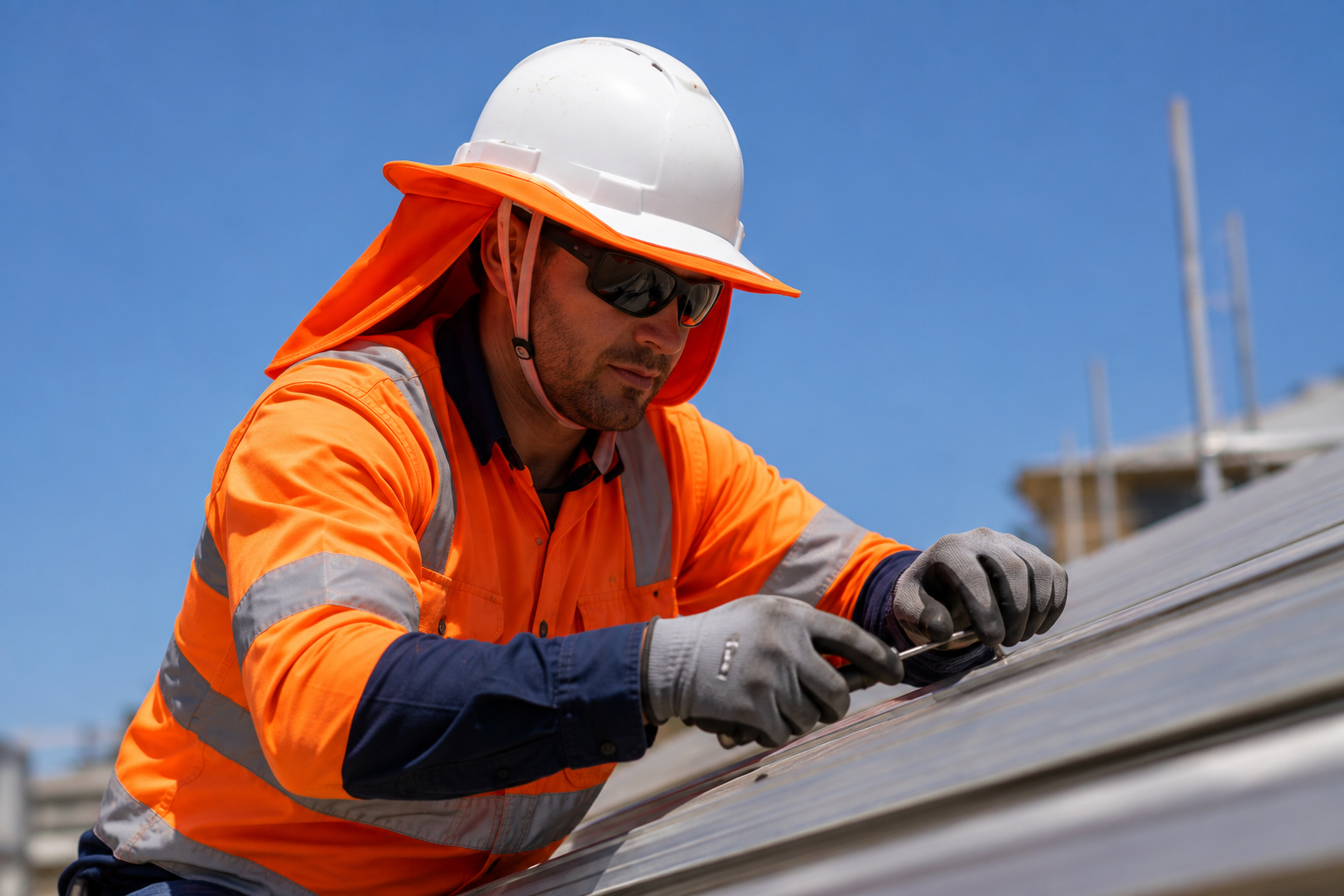 worker on roof Outdoor worker in sun-protective PPE on a rooftop
